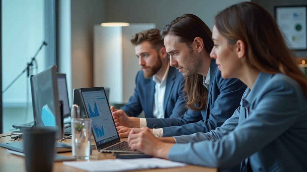 Команда аналитиков обсуждает результаты маркетинговой кампании перед компьютером