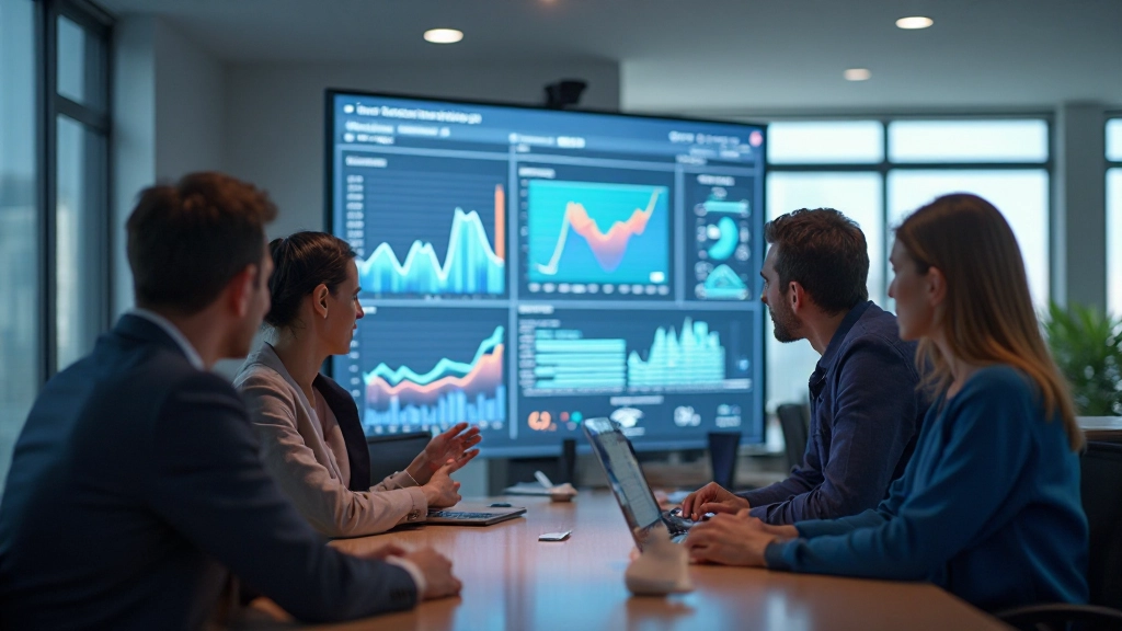 Группа маркетологов анализирует диаграммы и графики на большом экране в переговорной