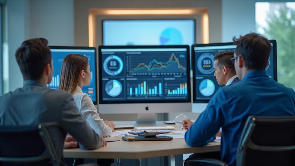 Команда аналитиков просматривает сложные дашборды с метриками маркетинга на больших экранах
