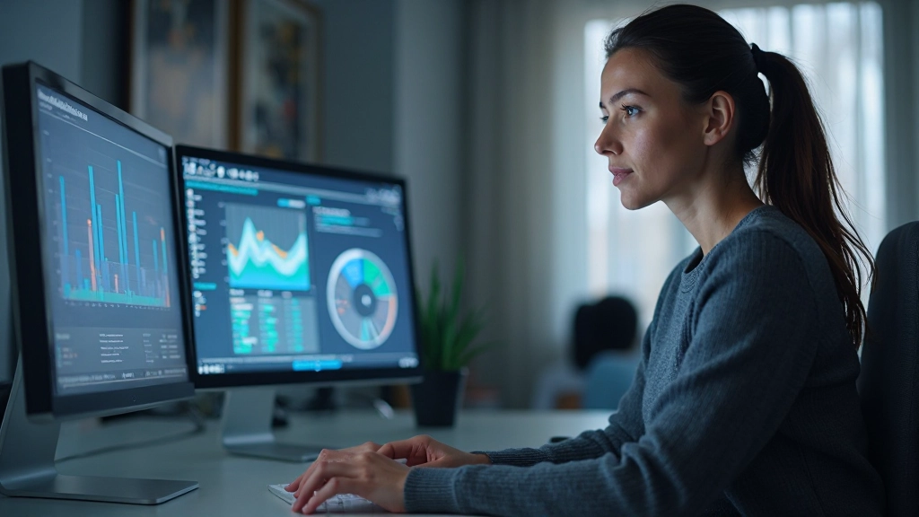 Специалист по данным анализирует графики и статистику маркетинга на нескольких мониторах
