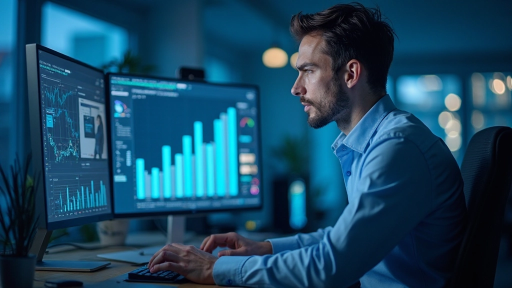 Аналитик изучает графики данных на мониторе компьютера в современном офисе