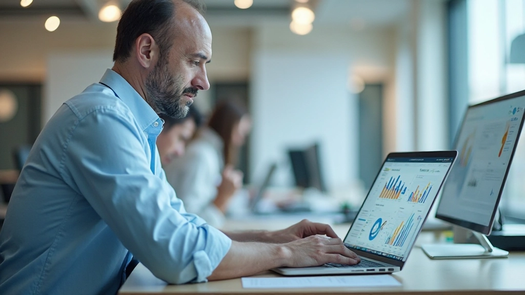 Маркетолог проверяет метрики и ключевые показатели эффективности на ноутбуке в офисе