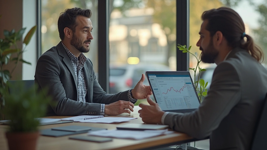 Опытный специалист по маркетингу обсуждает результаты аналитики с коллегой в офисе