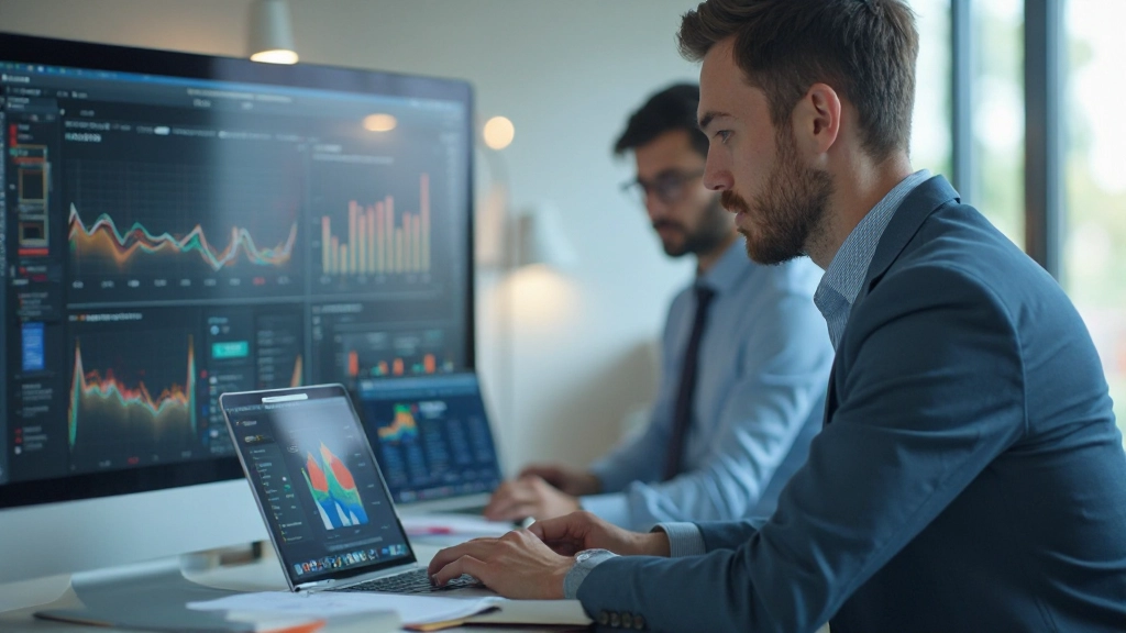 Профессиональное рабочее пространство с аналитикой маркетинга на экране ноутбука